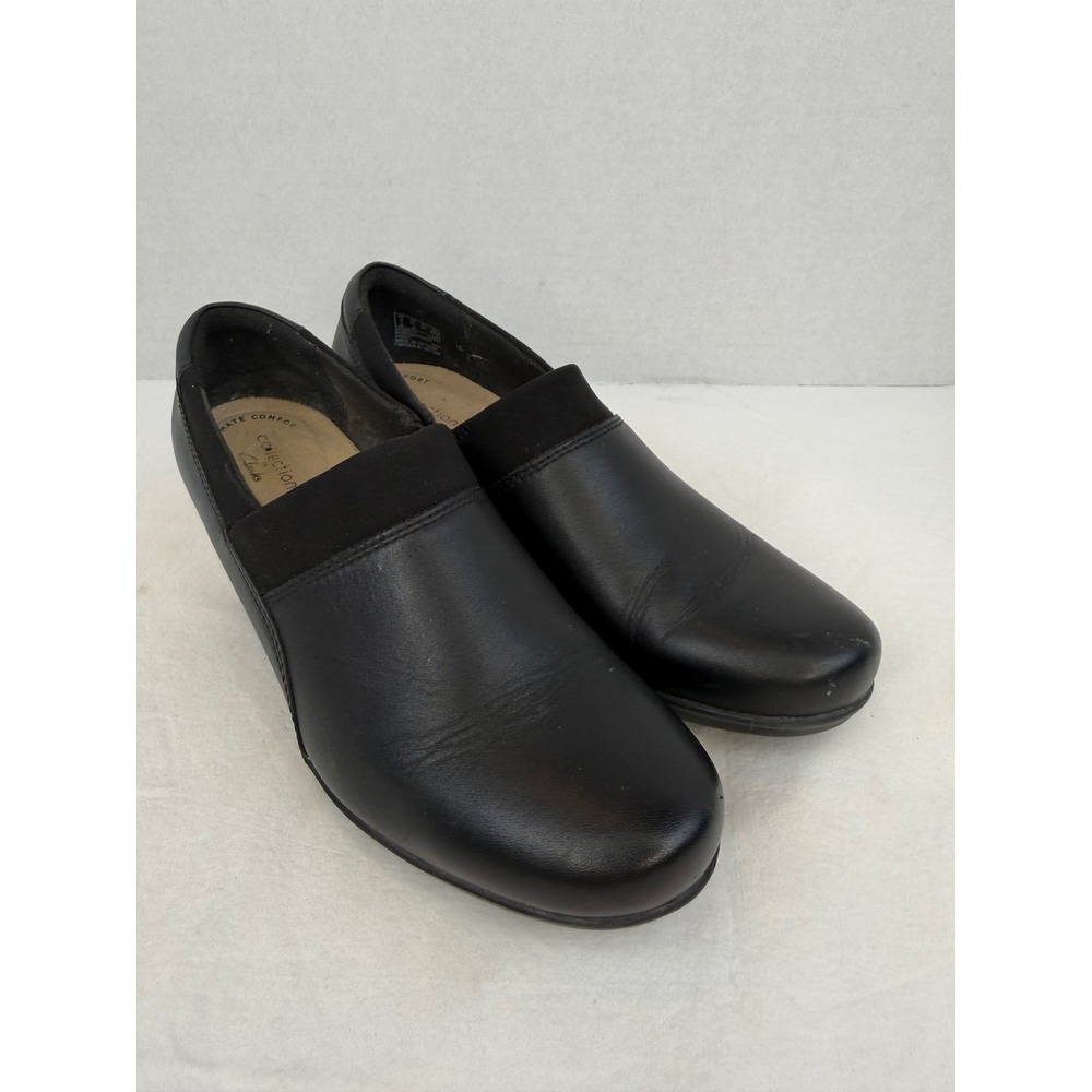 Clarks Collection Ultimate Comfort Black Leather Slip On Block Heel Pumps 6.5 M